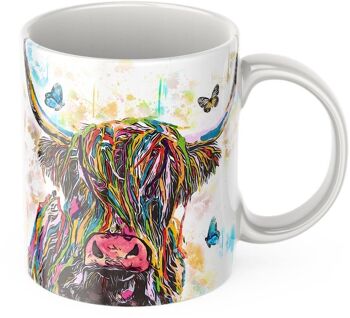 Tasse en céramique Vache Highland et papillons aux couleurs vives 5