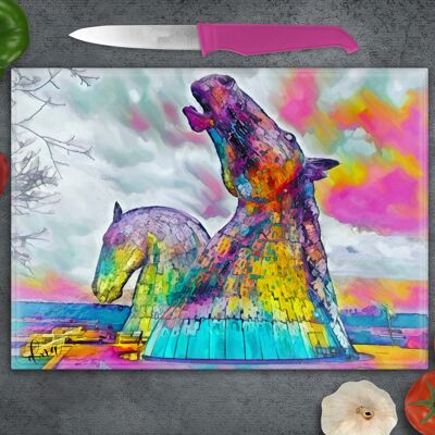 Planche à découper en verre Kelpies aux couleurs vives, économiseur de plan de travail, support de casserole, planche à découper Kelpies Falkirk, cadeau écossais, cadeau Kelpies