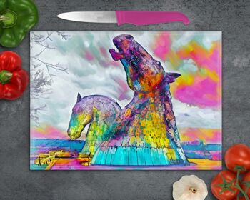 Planche à découper en verre Kelpies aux couleurs vives, économiseur de plan de travail, support de casserole, planche à découper Kelpies Falkirk, cadeau écossais, cadeau Kelpies 1