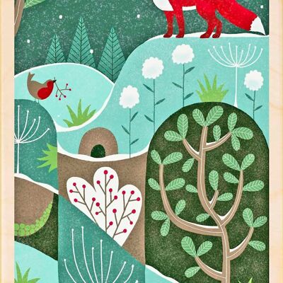 Carte postale en bois WINTER FOX Carte de Noël