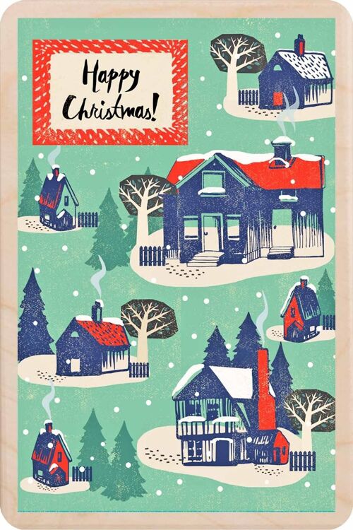 Wooden Postcard CHRISTMAS VILLAGE Christmas Card
