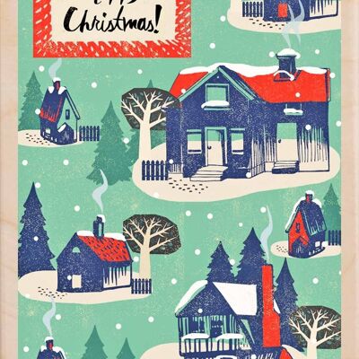 Wooden Postcard CHRISTMAS VILLAGE Christmas Card