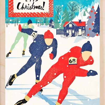 Wooden Postcard SKATING RACE Christmas Card