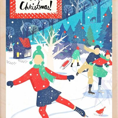 Carte postale en bois Carte de Noël de patinage sur glace