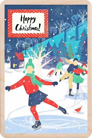 Carte postale en bois Carte de Noël de patinage sur glace 1