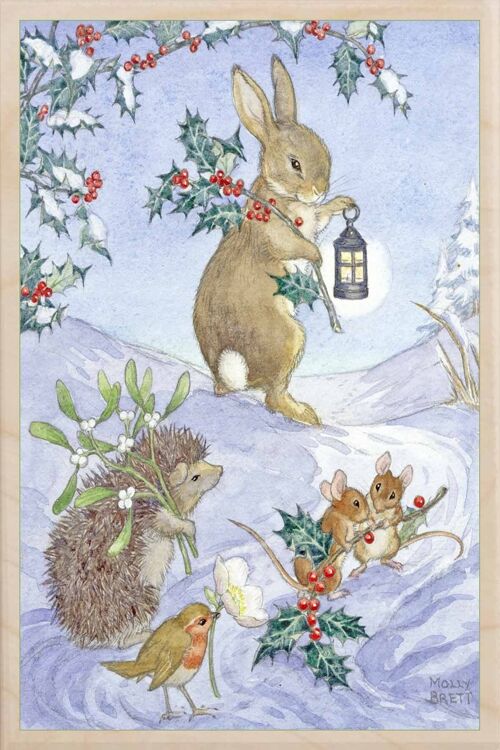 Wooden Postcard BUNNY'S LANTERN Christmas Card