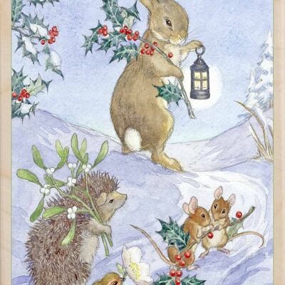 Holzpostkarte BUNNY'S LATERN Weihnachtskarte