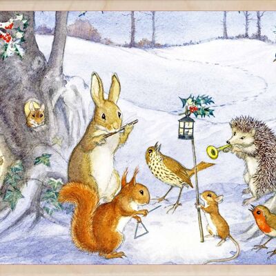 Wooden Postcard CAROLLING ANIMALS Christmas Card