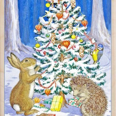 Wooden Postcard CHRISTMAS TREE ANIMALS Christmas Card
