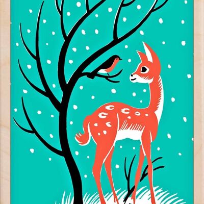 Wooden Postcard DEER AND ROBIN Christmas Card