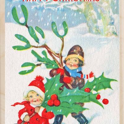 Wooden Postcard HOLLY AND MISTLETOE Christmas Card