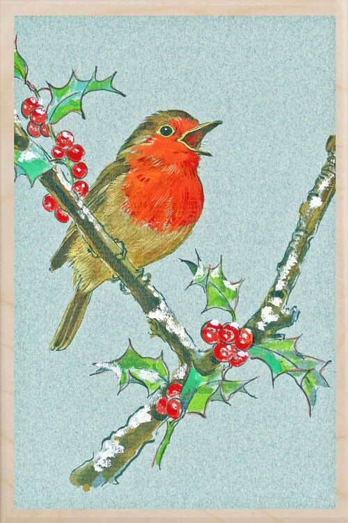 Wooden Postcard ROBIN CALLING Christmas Card