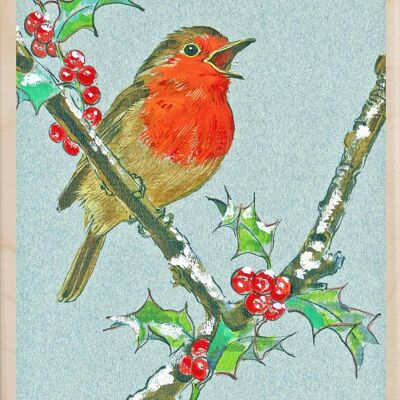 Wooden Postcard ROBIN CALLING Christmas Card