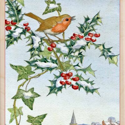Wooden Postcard ROBIN AT CHRISTMAS Christmas Card