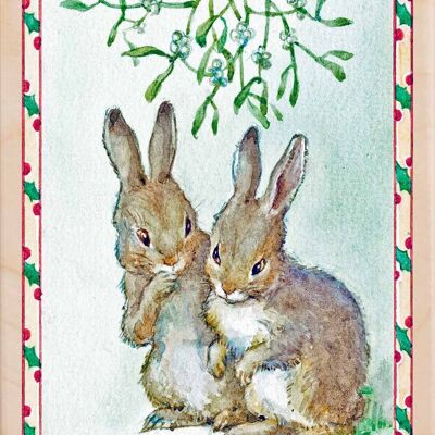 Wooden Postcard TWO BUNNIES Christmas Card