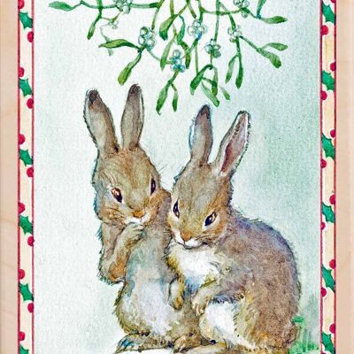 Wooden Postcard TWO BUNNIES Christmas Card