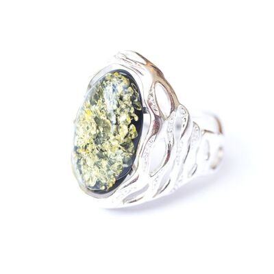 Decorative Green Amber Cuff Ring