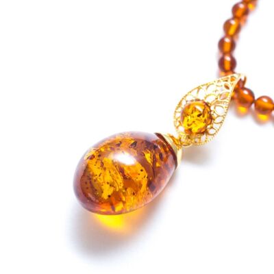 OOAK Cognac Amber Drop Pendant with Exclusive Bead Chain