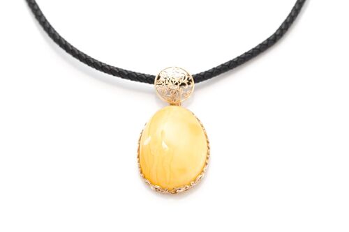 Yellow Amber Pendant with Black Leather Cord Necklace