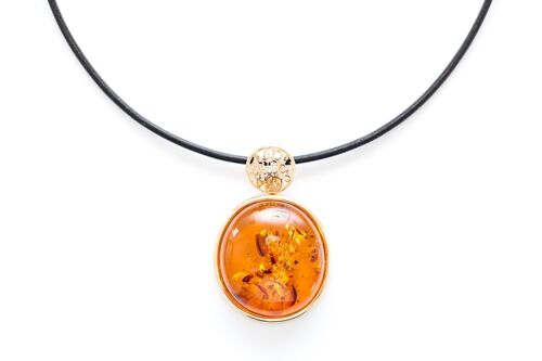 Gold Plated Amber Pendant with Black Leather Necklace