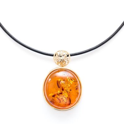 Gold Plated Amber Pendant with Black Leather Necklace