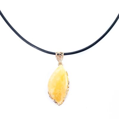 Gold Plated Yellow Amber Pendant with Black Leather Necklace