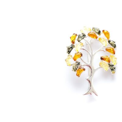 Colourful Large Amber Tree Brooch