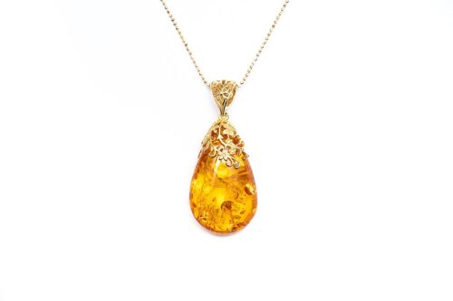 Gold Floral Accent Amber Droplet Pendant