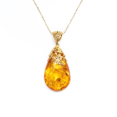 Gold Floral Accent Amber Droplet Pendant