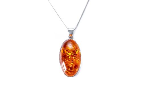 Timeless Oval Amber Necklace, Cognac Amber Pendant with Silver Chain