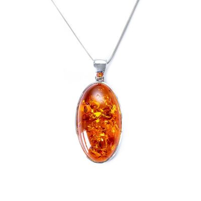 Timeless Oval Amber Necklace, Cognac Amber Pendant with Silver Chain