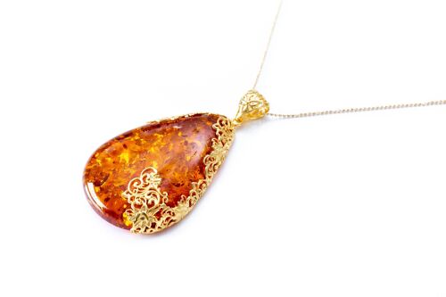 OOAK Gold Filigree Cognac Amber Teardrop Pendant