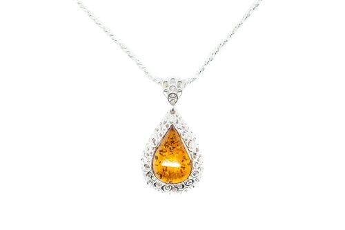 Filigree Frame Amber Teardrop Pendant