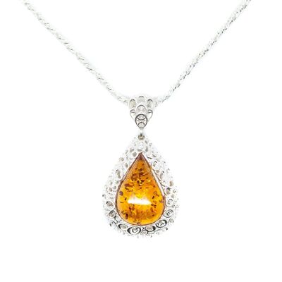 Filigree Frame Amber Teardrop Pendant