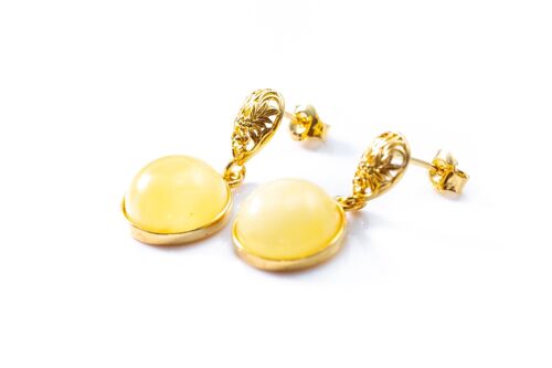 Yellow Amber Drop Earrings with Gold Floral Accent