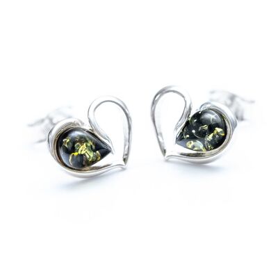 Green Amber Heart Stud Earrings