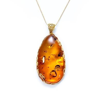 OOAK Gold Flourish Cognac Amber Pendant