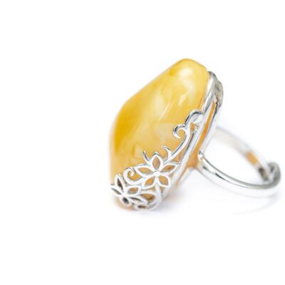 Butterscotch Amber Ring with Floral Design