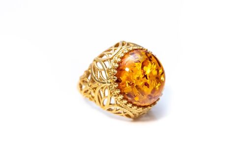 Cognac Amber Cuff Ring with Gold Design