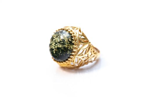 Green Amber Cuff Ring with Gold Design