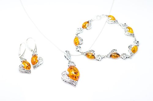 Amber & Silver Heart Jewellery Set
