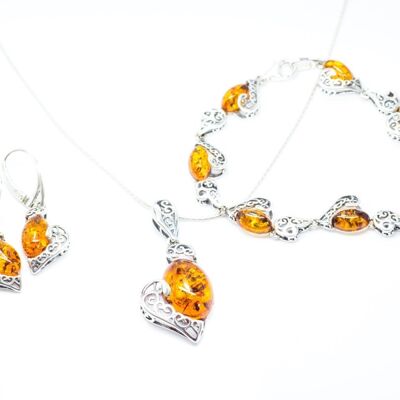 Set di gioielli a forma di cuore in ambra e argento