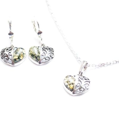 Green Amber Heart Jewellery Set