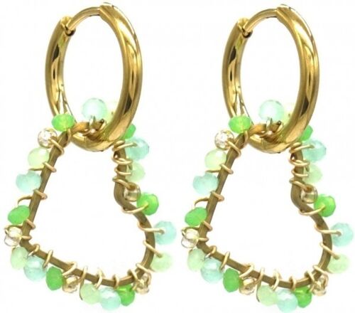 H-F19.4 E221-495 No.6 S. Steel Earrings Glassbeads 3cm Heart Green