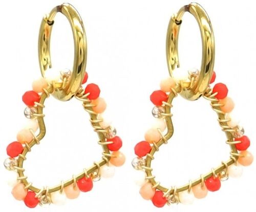 H-F6.1 E221-495 No.5 S. Steel Earrings Glassbeads 3cm Heart Orange