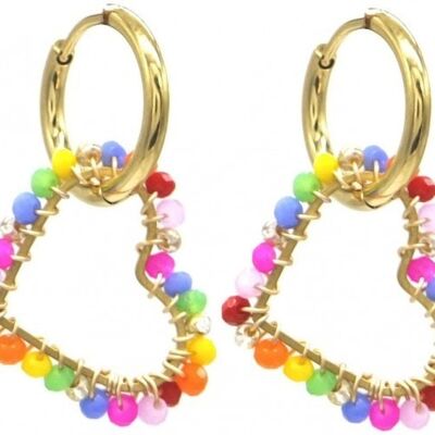 H-F7.3 E221-495 No.1 S. Steel Earrings Glassbeads 3cm Heart Multi