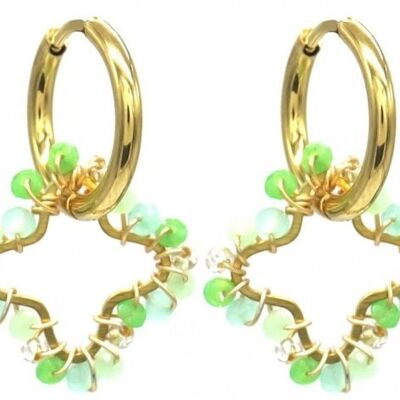 C-C5.5 E221-491 S. Steel Earrings Glassbeads Clover 2.6cm Green