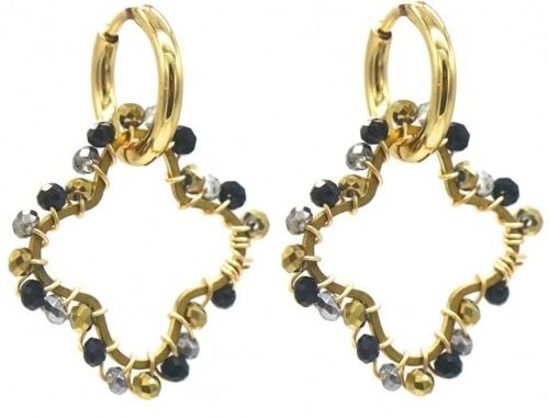 B-C5.2 E221-491 S. Steel Earrings Glassbeads Clover 3cm Black