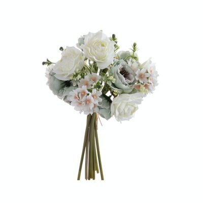Bouquet sphérique de fleurs de soie diamètre : 16,5cm, longueur : 31cm - Blanc/Vert