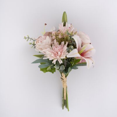 Tea rose bouquet of silkflowers with real touch lily, 37cm long, 28cm wide